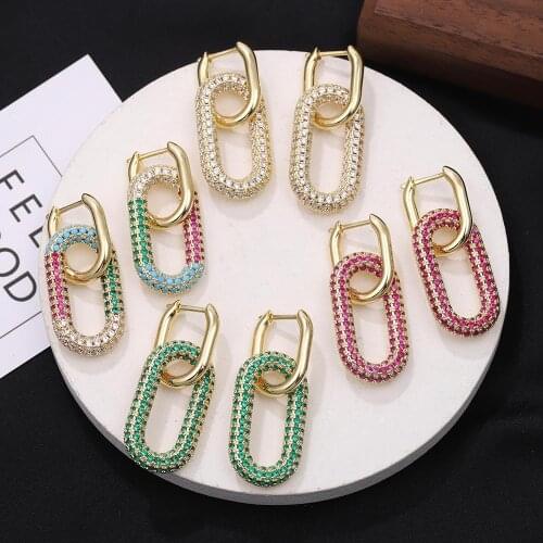 Dvacaman 2020 New Fashion Geometric Double Ring Lock Earrings For Women Design Copper Diamond Drop Earrings Hip Hop Jewelry Gift