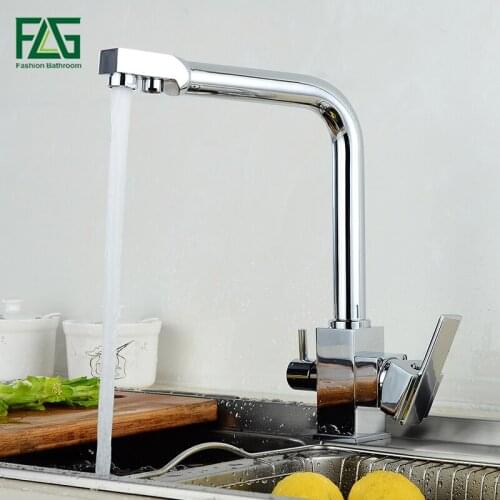 FLG Kitchen Faucets Chrome Deck Mounted Mixer Tap 360 Degree Rotation with Water Purification Features Mixer Cold Hot Tap Crane