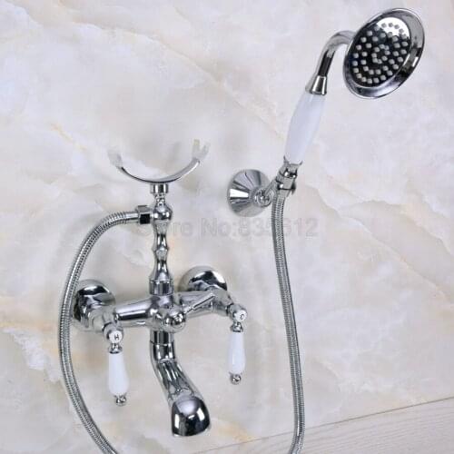 Chrome Polished Wall Mount Clawfoot Bath Tub Faucet Mixer Tap w/ Handheld Spray Showerr tna239