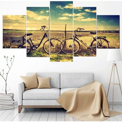 5 Pieces Wall Art Canvas Painting Bicycle Retro Landscape Poster Pictures Modern Home For Decoration Modular Living Room