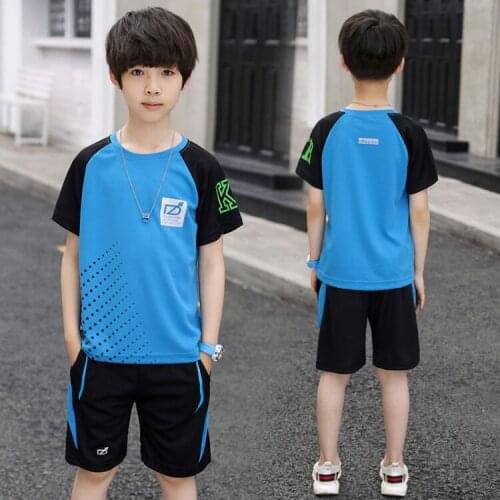 Boys Summer Clothes Set Blue Orange Sports Fast Dry Clothes Suit, Teens Boys Children Football Suits 5-15 Years Clothing