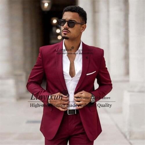 Handsome Burgundy Mens Suit Slim Fit Set Wedding Groom Tuxedos Fashion Business Blazer Costume Homme 2 Pieces (Jacket+Pants)