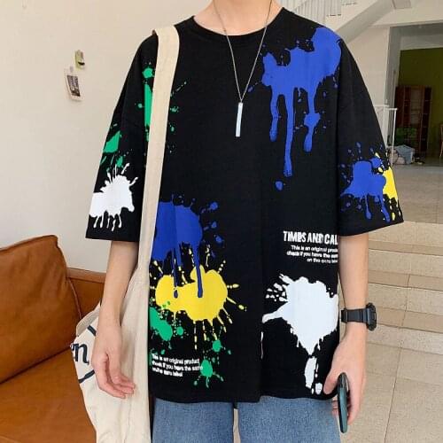 BANNAJI Men`s Fashion Tees Painted Colorful Streetwear Loose Fit Hip Hop Korean Style T-shirt For Male