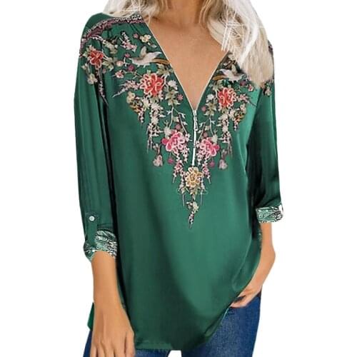 2021 Autumn Zipper V Neck Womens Tops Long Sleeve Shirt Ladies Oversized Blouses Vintage Floral Print Shirts Blusas De Mujer