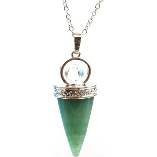 FYSL Silver Plated Cone Shape Green Aventurine Pendant Link Chain Necklace Tiger Eye Stone Jewelry