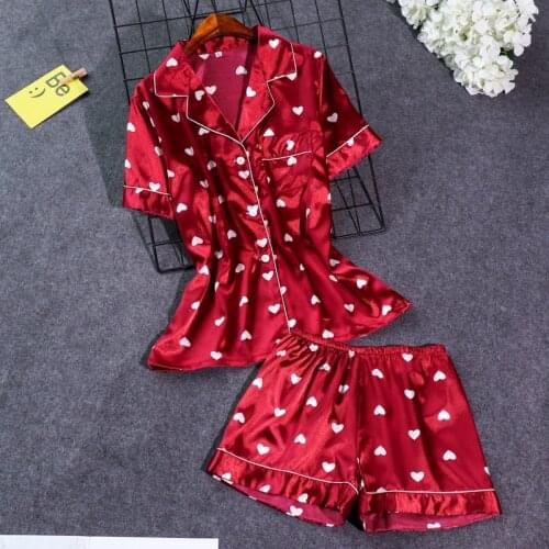 Daeyard Silk Pajamas Set For Women Fashion Heart Print Pyjamas Button Up Short Sleeve PJ Set Casual Sleepwear Sexy Home Clothes