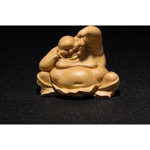 Solid Wood Carving Laugh Maitreya Happy Wood Carving Smile Buddha Crafts Home Decoration Car Ornaments