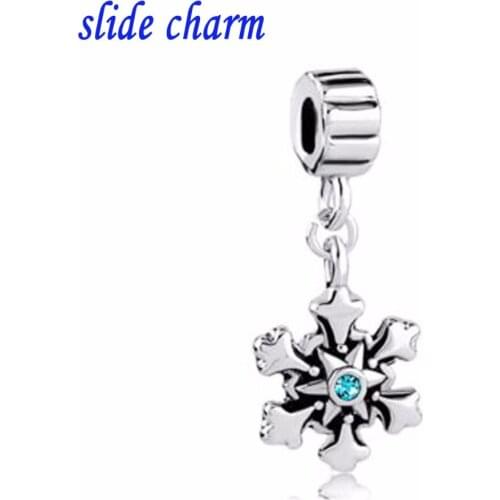 Slide charm Free shipping Christmas blue crystal snowflakes pendant charm beads fit Pandora bracelet