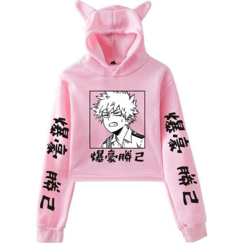 Manga Cartoon My Hero Academia Bakugou Katsuki Printed Cat Ear Hoodie Sweatshirt Women Hooded Streetwear Casual Anime Clothing