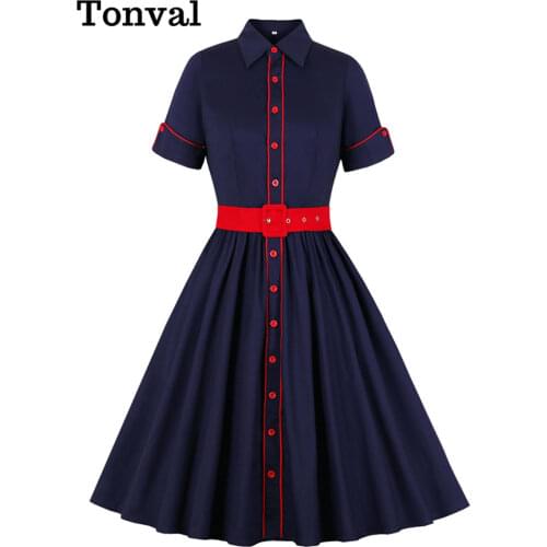 Tonval Turn-Down Collar Button Up Rockabilly Vintage 50s Cotton Shirt Dress Short Sleeve Women Red Belt Elegant Pleated Dresses