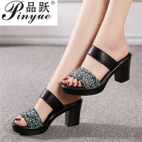 Size 35--41 new 2020 Ladies Summer Slippers Genuine Leather Shoes Women High Heels Fashion Rhinestone Summer Shoes