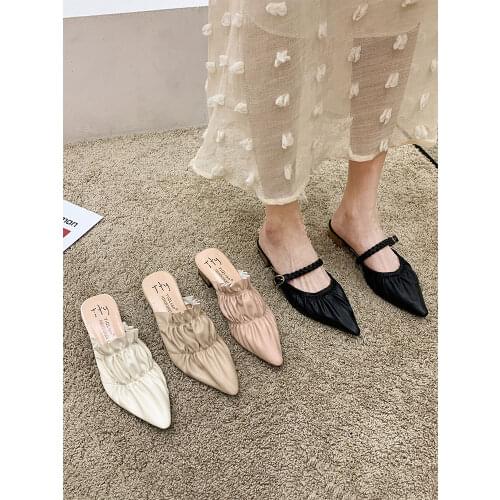 VWomens shoes slippers outdoor 2021 spring new fashion pointed toe fold woven thick heel mules