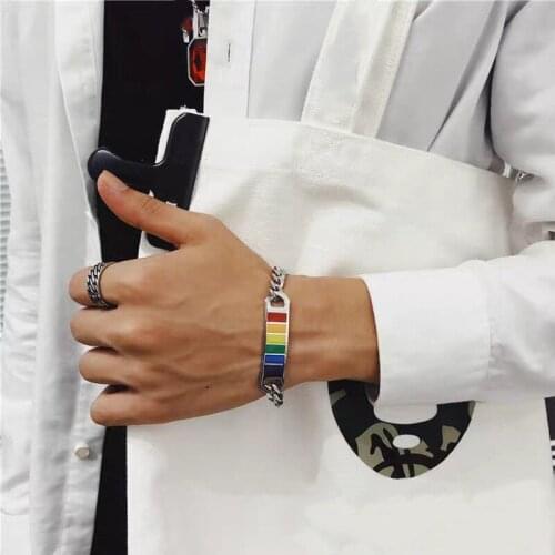 High Street Rainbow Contrast Color Charm Bracelet for Women Girls Stainless Steel Geometric Chunky Chain Bracelet Jewellery