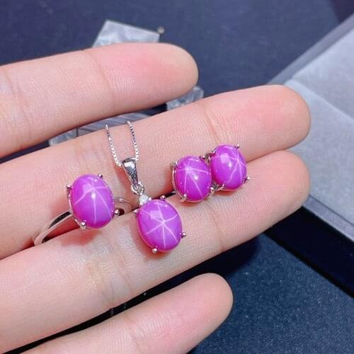 Starlight Ruby set 925 Sterling Silver non discoloration six star lines beautiful womens Gift Ring Earrings