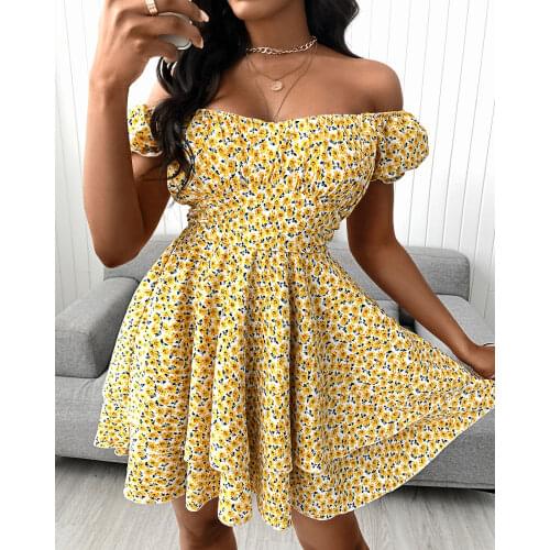 2021 Summer Womens Floral Print V-Neck Ruffle Hem Mini Casual Dress Slash Neck Skinny Ruff Sleeve