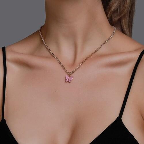 4 Colors Simple Fashion Acrylic Butterfly Pendant Necklace for Women Girls Alloy Stainless Steel Charm Necklace Jewelry