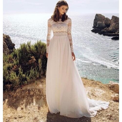Bohemian Wedding Dress 2021 A-Line O-Neck Long Sleeve Lace Embroidery Organza Sweep Train Princess Bride Gown Vestidos De Noiva