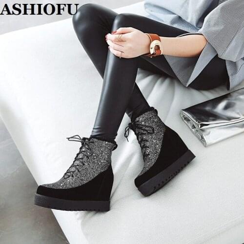 ASHIOFU Wholesale Classic Womens Wedges Heel Boots Shinny Party School Young Ankle Booties Cross-shoelace Evening Fashion Boots