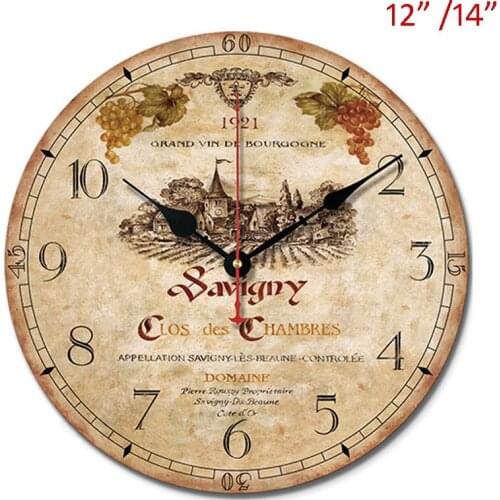 Grape Plantation Vineyard Wooden Wall Clock Vintage 30, 35cm Round Single Sided MDF Clock Black Arabic Numbers Black Red Hands