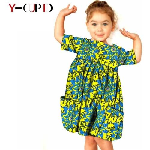 Kids African Clothing 100% Cotton Casual Girls Ankara Print Loose Dresses with 2 Pockets Bazin Riche Children Outfits YS194006