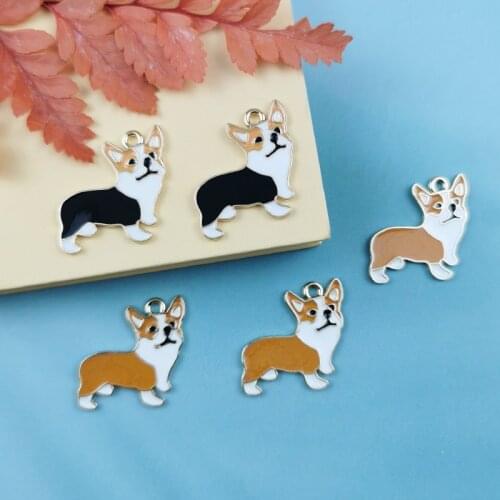 10pcs/pack Corgi Dog Enamel Charms Design Animal Tag Pendants for Jewelry Making Earrings Bracelet Floating Golden Base 23*24mm