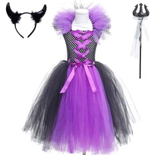 Purple Witch Cosplay Halloween Tutu Dress Children Witch Girl Cosplay Carnival Party Costumes Princess Fancy Dress Up Clothes