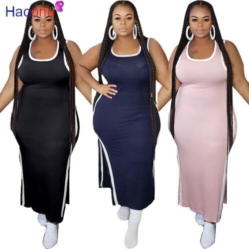 HAOOHU Women Plus Size S-4XL Sleeveless Side Split Slim Tank Maxi Dress Sexy Party Club Beach Long Dresses Vestidos