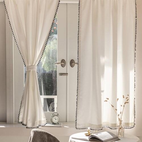 INS Hot Window Tulle Curtains Pure White Decoration Light Transmission Curtains with Ball Tassel For Bedroom Living Room Kitchen