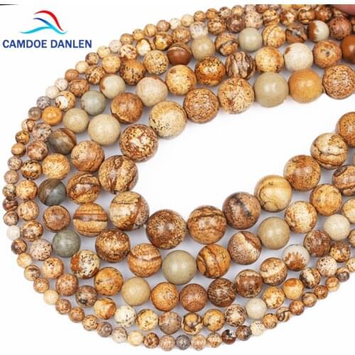 Natural Brown Picture Stone Round Beads 4 6 8 10 12 14MM Strand 15" DIY Charm Handmade Beads For Jewelry Making Accessories