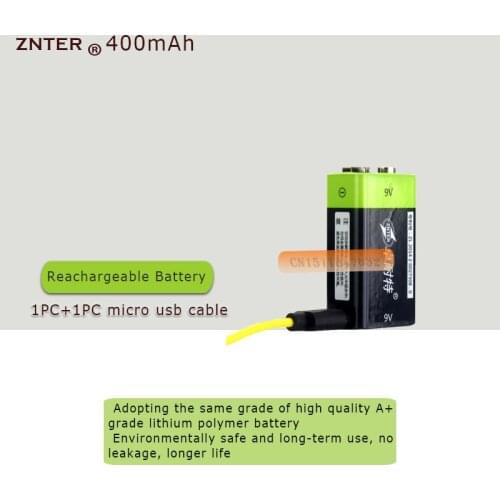 1pcs ZNTER 9V 400mAh lithium li-po li-ion rechargeable battery + 1 In 1 micro usb cable for charging