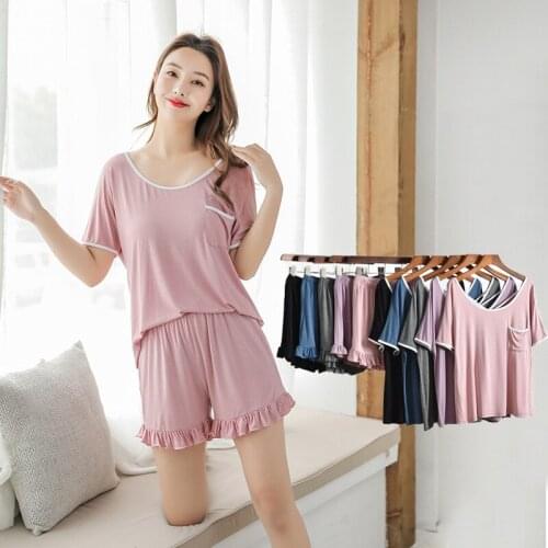 New Summer Female Soft Modal Homewear Nightshirt Suits Feminine Koszula Nocna Casual Short-Sleeve Nightwear Simple Pajamas Sets