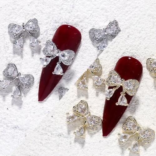 New Arrival 5pcs/set 3D Silver Gold Color Bowknot Designer Nail Art Pendant Nails Decorations Manicure Zircon Diamond Nail Charm