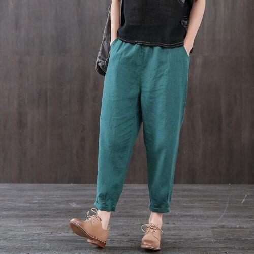 New Arrival Summer Women Pants Plus Size Loose Thin Cotton Linen Ankle-length Pants Elastic Waist Casual Harem Pants
