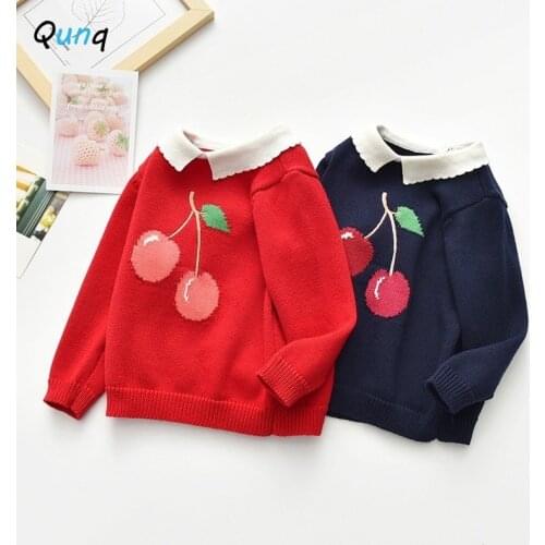Qunq Girls Sweater Cute Cherry Pattern Kids Knitted Tops Clothes for 1 2 3 4 5 6 Year Girl Baby Toddler Children Pullover Shirts