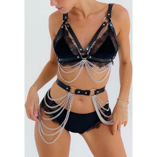 TRODEAM Sexy Harness Set 2pcs Chest Harness Cage Bra Goth Garter Belt Stockings Sexy Lingerie Women Harajuku Garter Belts Straps