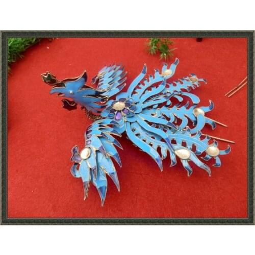Blued Phoenix Miao Silver Phoenix Hair Stick Hanfu Accessories Traditional Antique Wire Inlay Artwork Palace Accessories