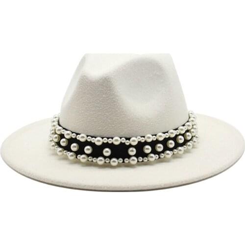 Women Men Wool Fedora Hat With Pearl Ribbon Gentleman Elegant Lady Winter Autumn Wide Brim Church Panama Sombrero Jazz Cap 60CM