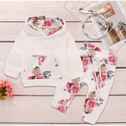 Trendy Baby Girl Boys Clothes Set Floral Printing Long Sleeve Splicing Hooded Sweatshirt Drawstring Daily Pants Headband Outfit
