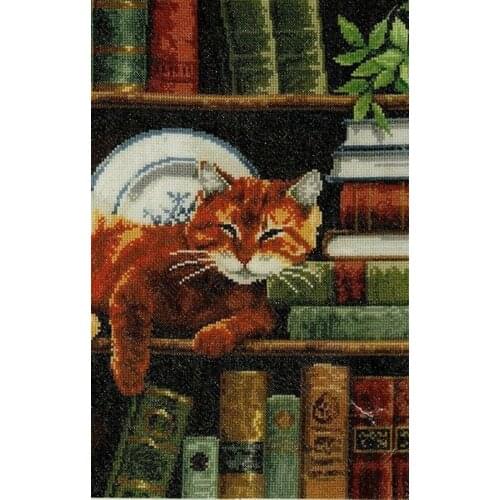 Embroideryan A Cat Snoozing Among Books Cross Stitch Patterns For Kitchen with 100% Cotton Floss & Free Shipping for Wall Decor