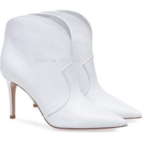 Woman White Leather Pointed Toe Ankle Boots Brand Design Stiletto Heels Pumps Celebrity Popular Large Size Dress Shoes Dropship
