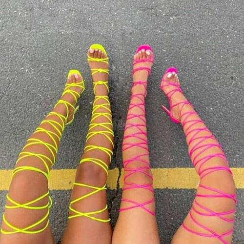 2021 New Women Gladiator Knee High Sandals Fashion Open Toe Lace Up Cross Strappy Sandals Women High Heels Fashion Sexy Shoes