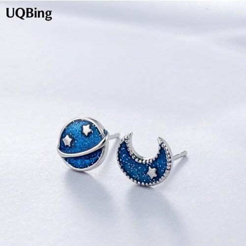 Fashion 925 Sterling Silver Enamel Planet Moon Asymmetric Women Stud Earrings Factory Wholesale
