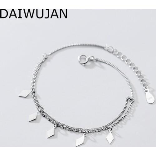 DAIWUJAN Genuine 925 Sterling Silver Rhombus Tassel Bracelet Simple Double-layers Chain Bracelets For Women Party Fine Jewelry