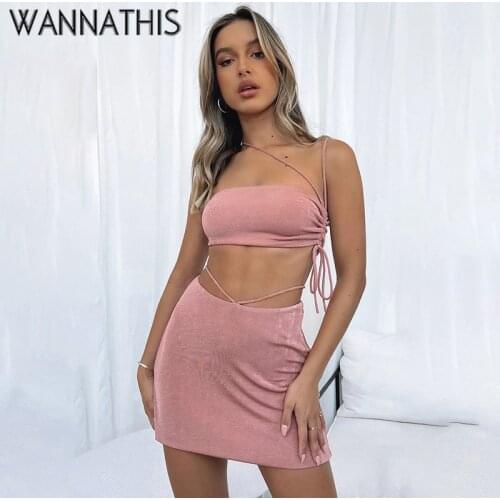 WannaThis Lace Up Cropped Top Skirt Two Pieces Sets Sleeveless Halter One Shoulder Asymmetric and Mini Skirts Summer Sexy Sets
