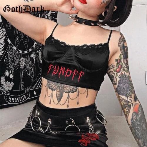 Goth Dark Gothic Punk Black Lace Camis Mall Goth Grunge Harajuku Emo Embroidery Women Crop Tops Spaghetti Strap Sexy Sleeveless