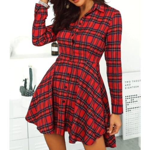 Women Elegant Shirt Style Plaid Mini Dress Long Sleeve Casual Streetwear A-Line Dress 2019 New Plus Size