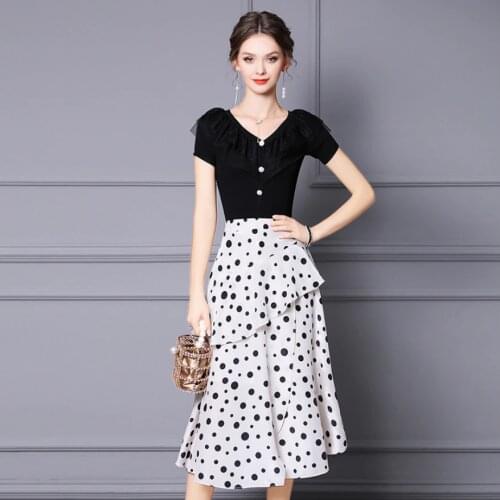 Female Summer Dot Pattern T-Shirt Dress Suit Spring Women Elegant Ruffle New Dresses V-Neck Short Sleeve Gentle Unique OL Skirts