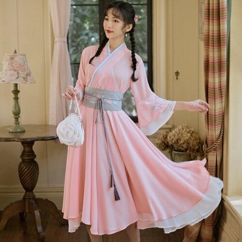 Chinese Ancient Traditional Hanfu Kimono Women Elegant Embroidery Print Fairy Dress Autumn Long Sleeve Performance Costume