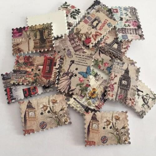 100pcs Postage Stamp Button Vintage Wood Floral Button, Retro Flower Button, Mix Design, Sewing Scrap Booking Supply