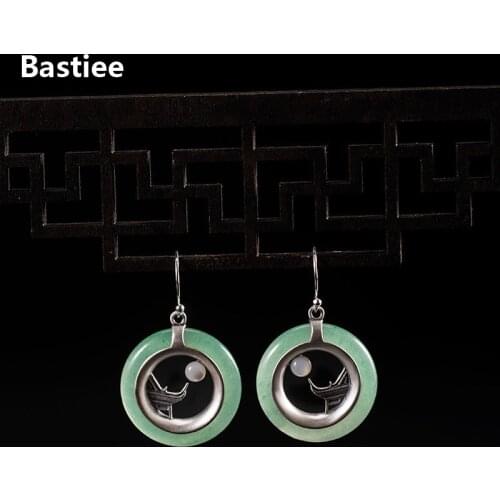 Bastiee Jade Dangle 925 Sterling Silver Earrings For Women Jewelry Drop Earings Handmade Chinese Vintage Jewellery